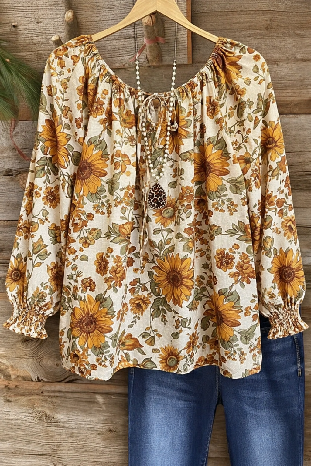 Cream Sunflower Floral Square Neck Smocked Lantern Sleeve Boho Blouse