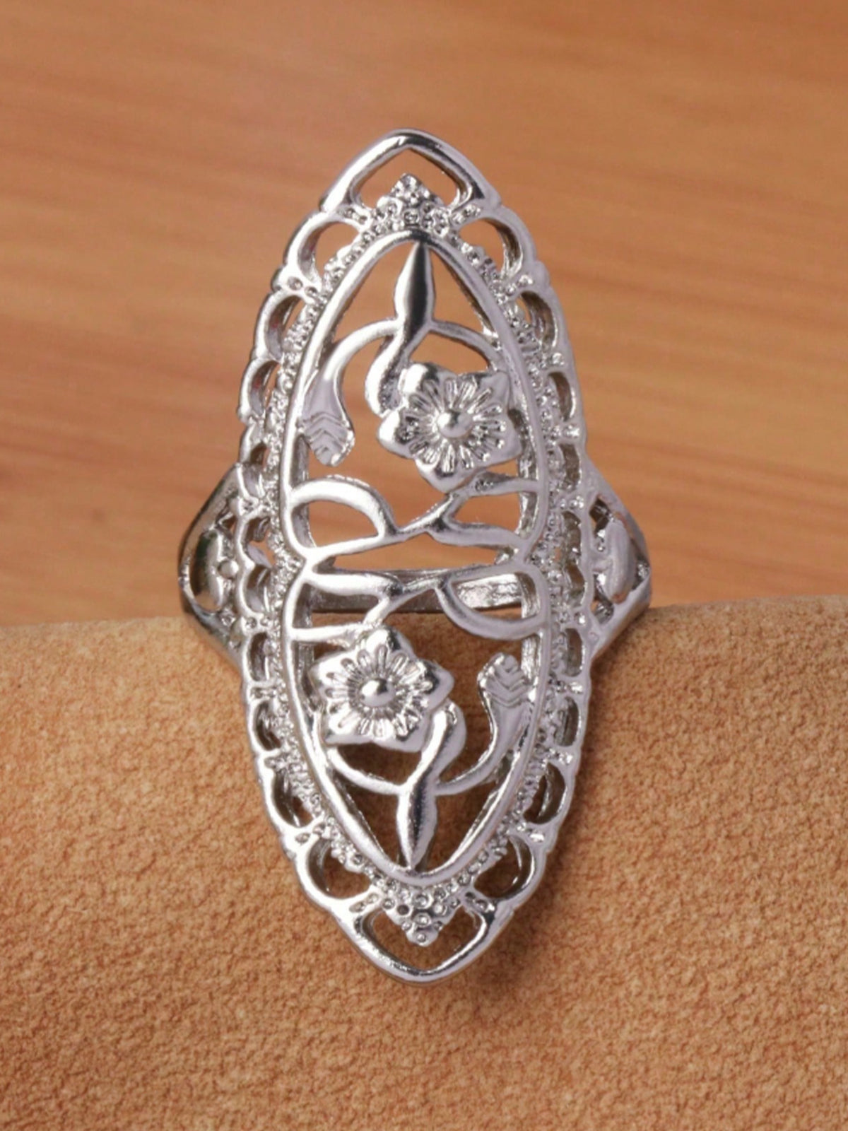 Ideal For Sunset Shoots — Antique Gold Heavy Hollow Floral Relief & Vintage Elongated Shield Silhouette Premium Alloy Statement Boho Ring