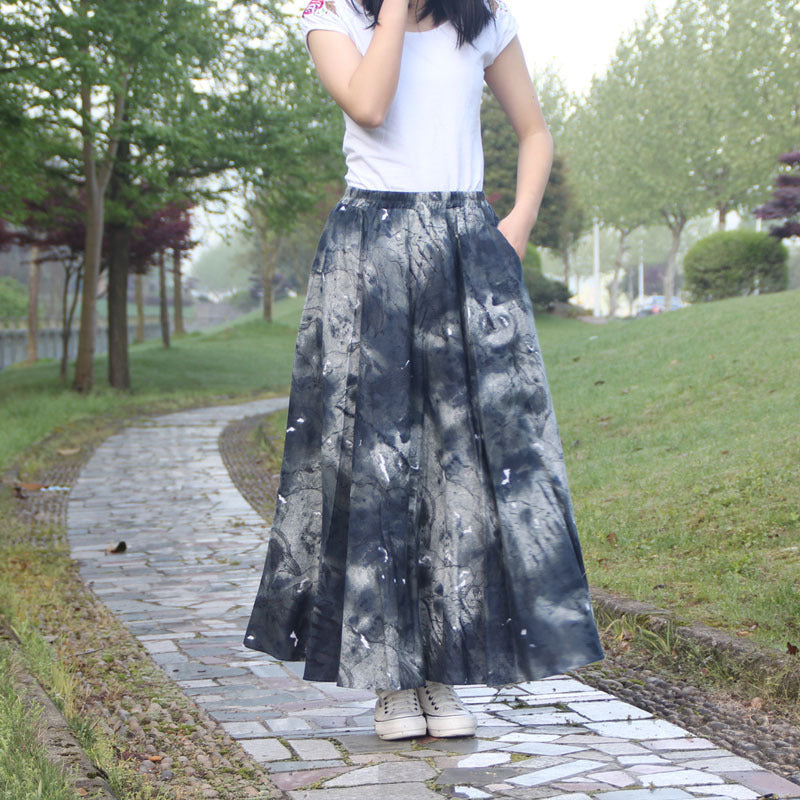 Cotton and linen printed maxi skirt | Retro ethnic style elastic waist midi skirt