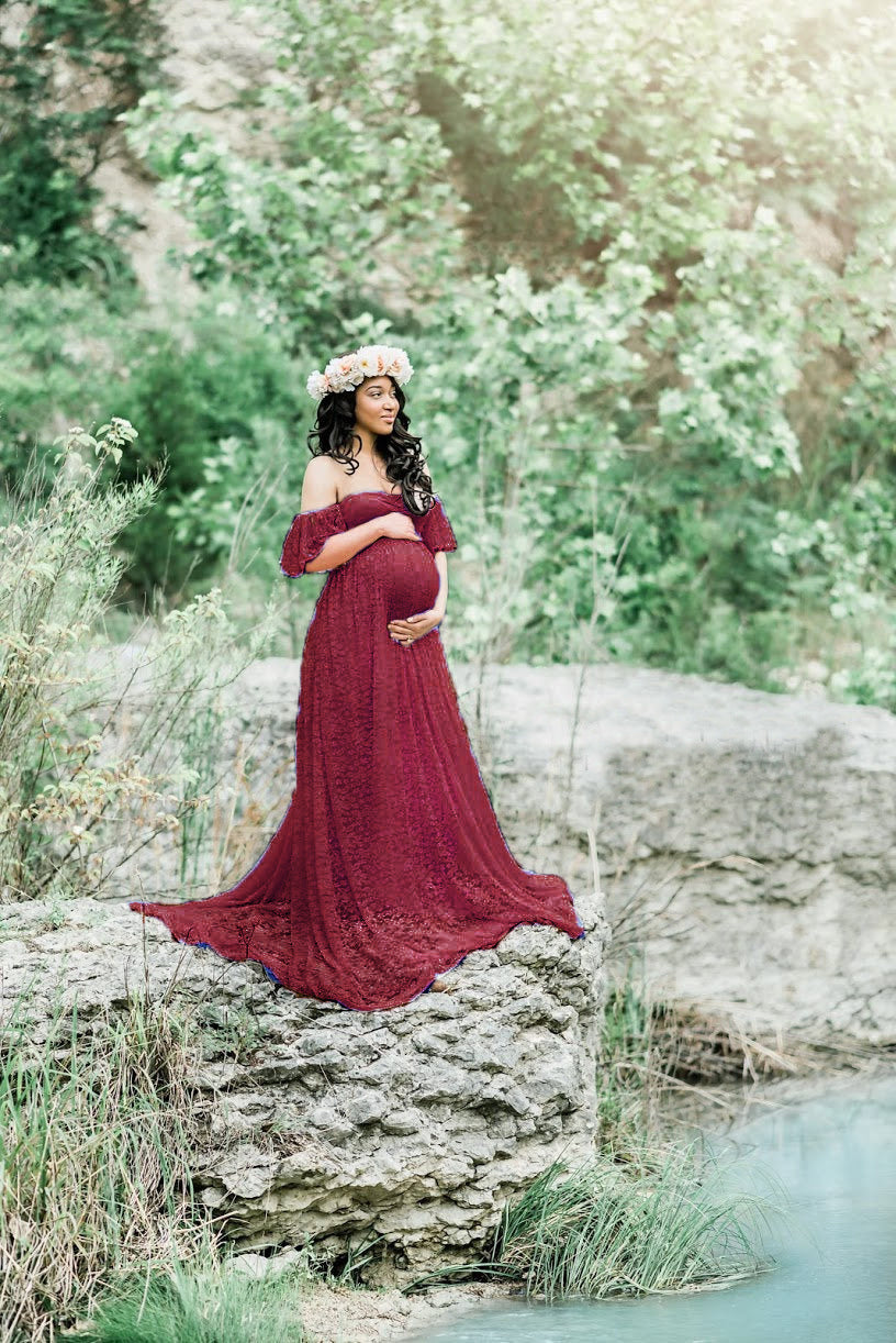 Maternity Photo Shoot Off Shoulder Lace Trailing Maxi Dress