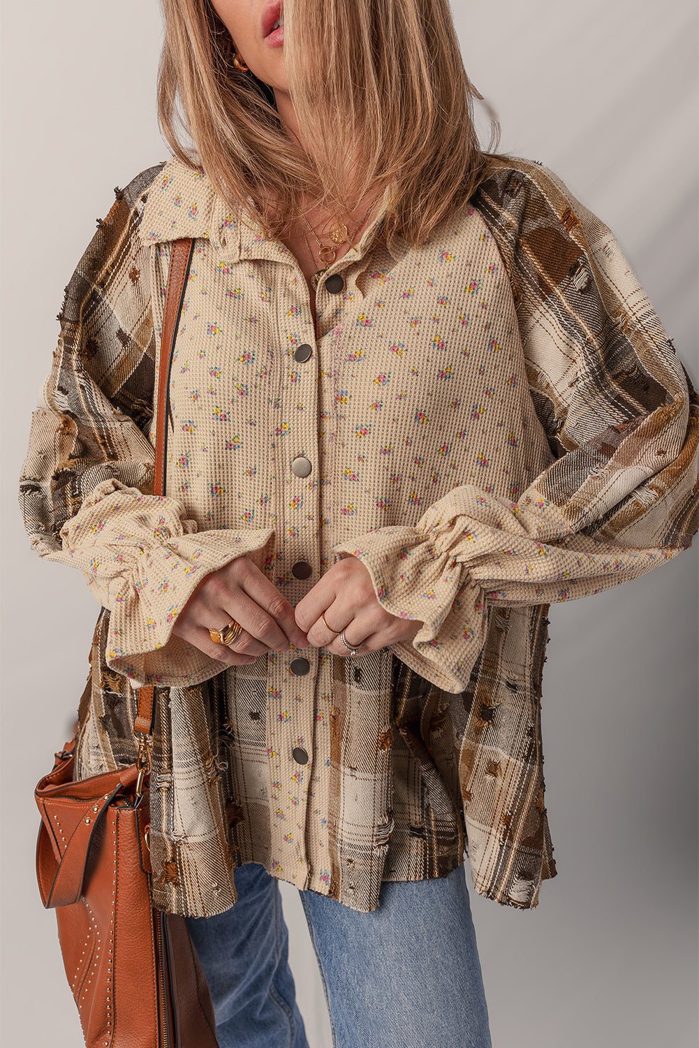 Oatmeal Boho Floral Plaid Patchwork Distressed Detail Ruffled Sleeve Waffle Knit Shacket