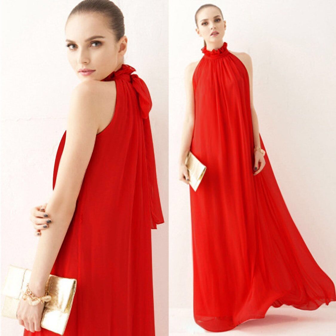 Halter Neck Ruffle Chiffon Maxi Dress | 9 Colors Available Tie Waist Evening Gown