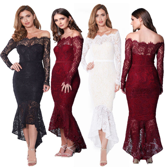 Boho Off Shoulder Lace Long Sleeve Irregular Mermaid Bodycon Evening Dress