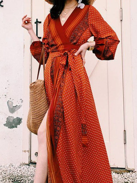 Boho Orange Polka Dot V-Neck Tie Waist Slit Maxi Dress | Vintage Ethnic Style Vacation Dress