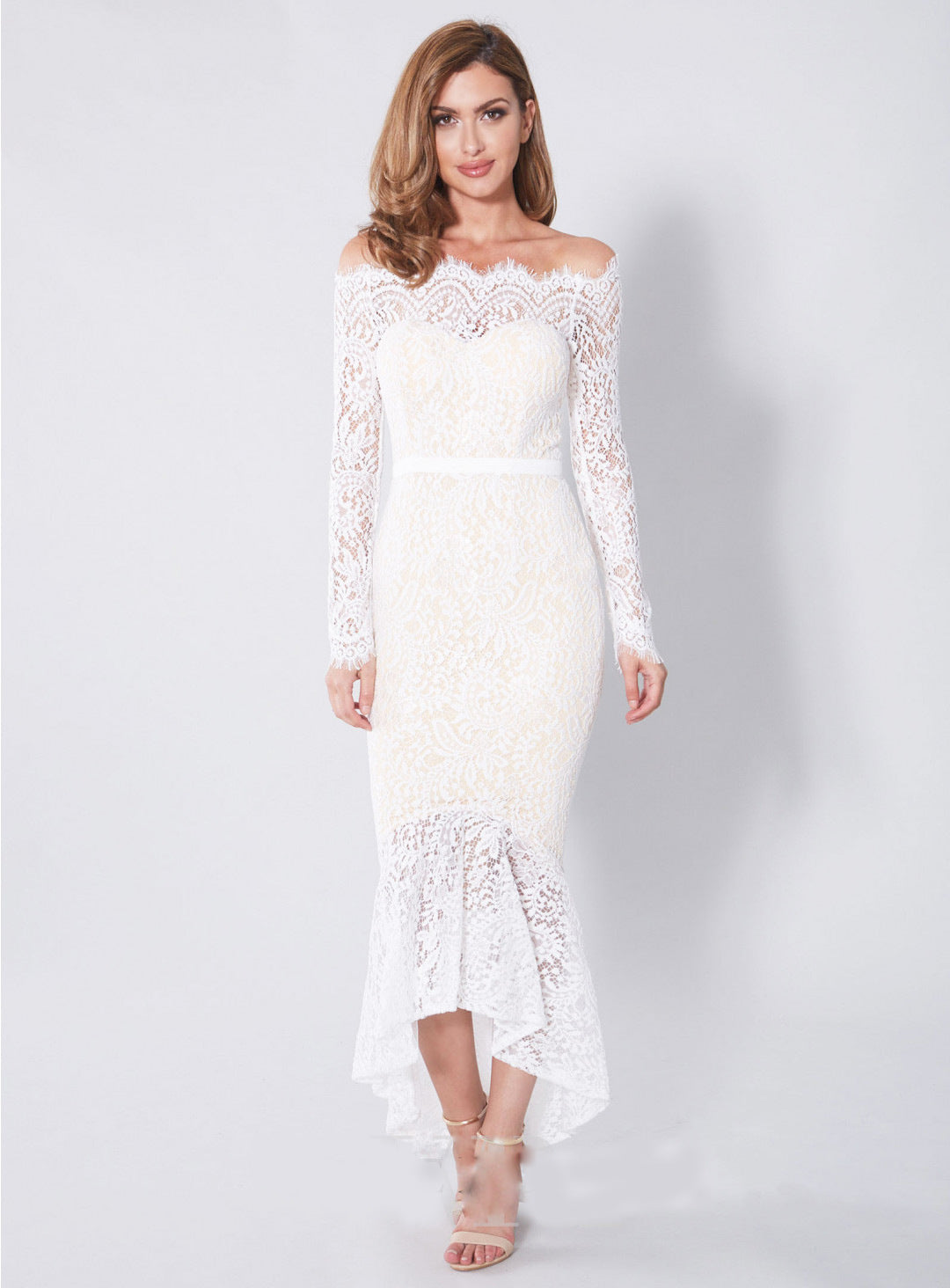 Boho Off Shoulder Lace Long Sleeve Irregular Mermaid Bodycon Evening Dress