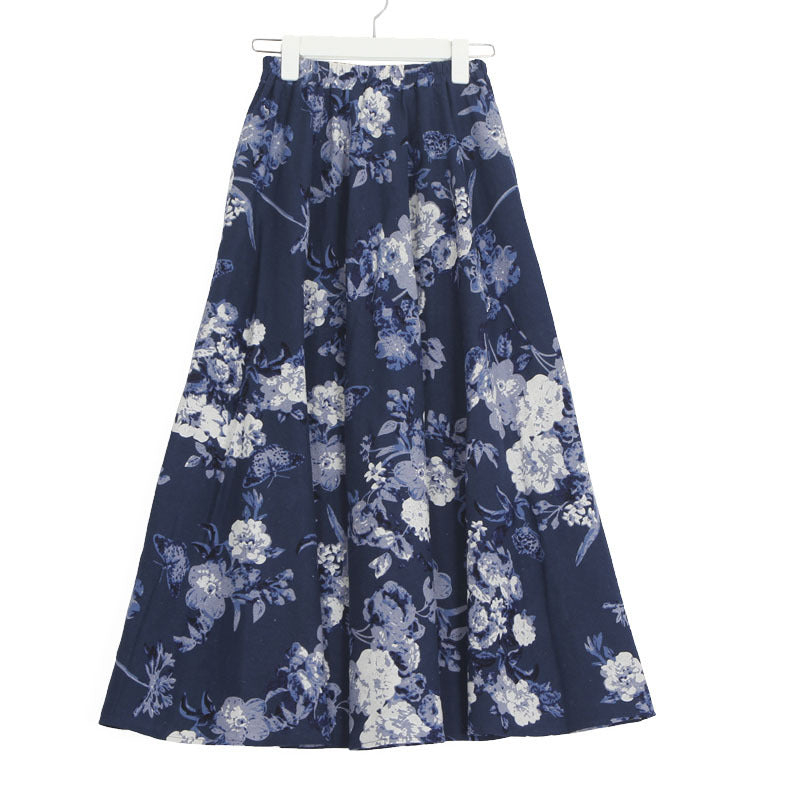 Cotton and linen printed maxi skirt | Retro ethnic style elastic waist midi skirt