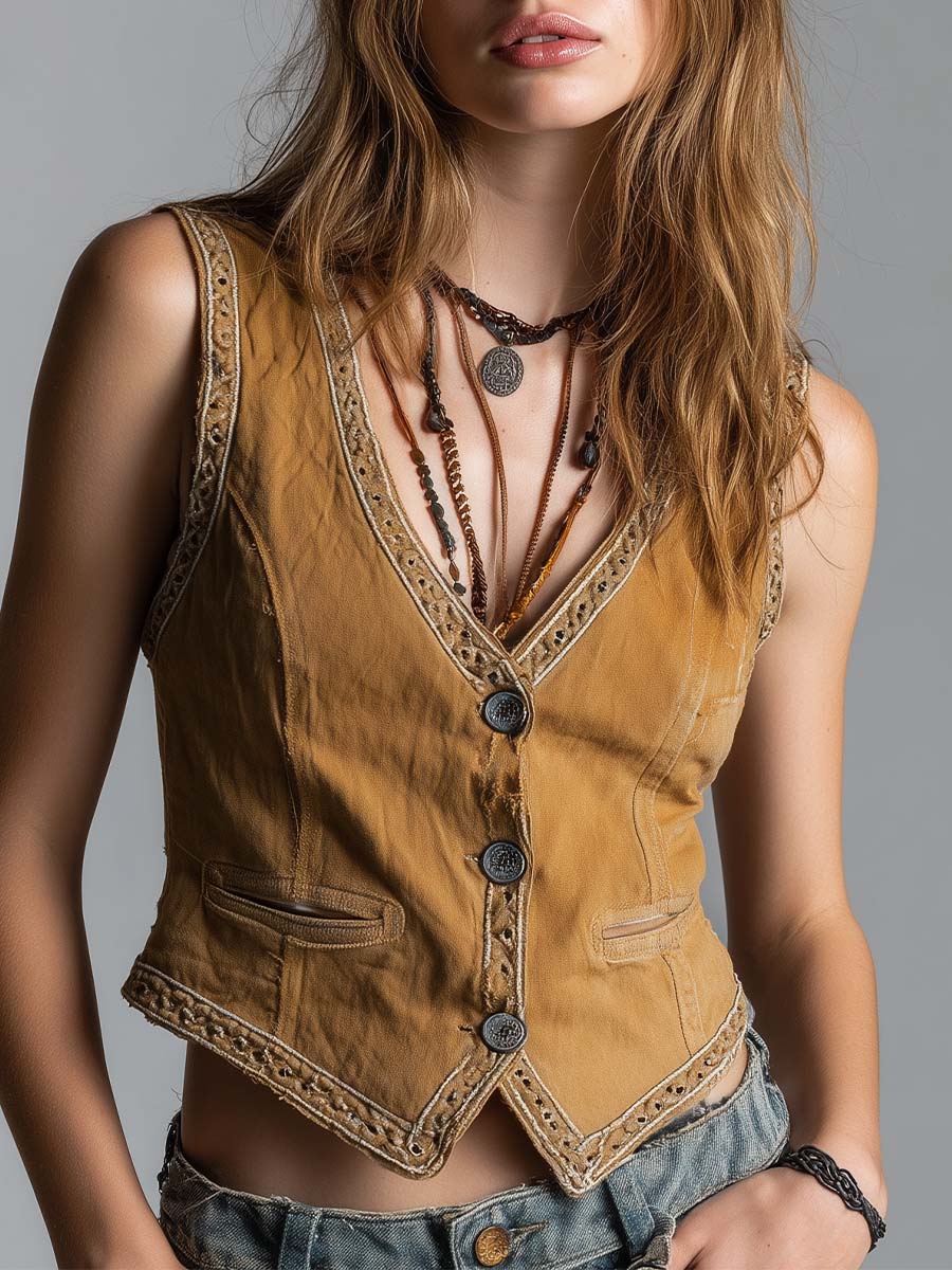 Western Bohemian Style Vintage Washed  Vest