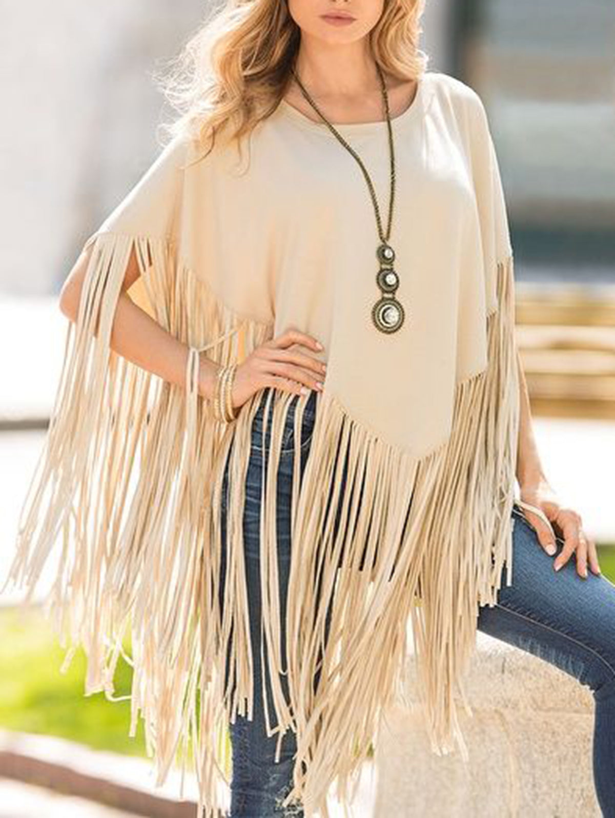 Daily Crew Neck Fringed Solid Loose Blouse