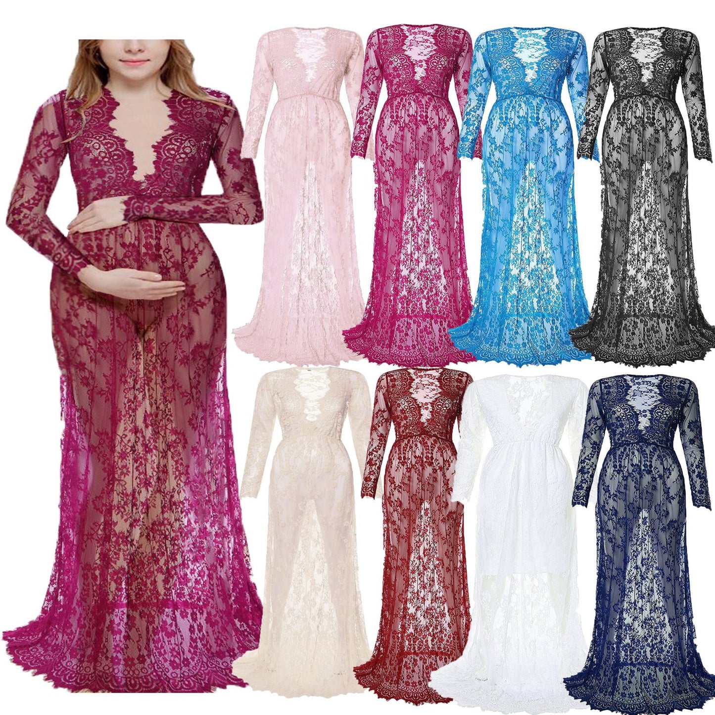 Maternity Photo Shoot Lace Sheer Trailing Maxi Dress