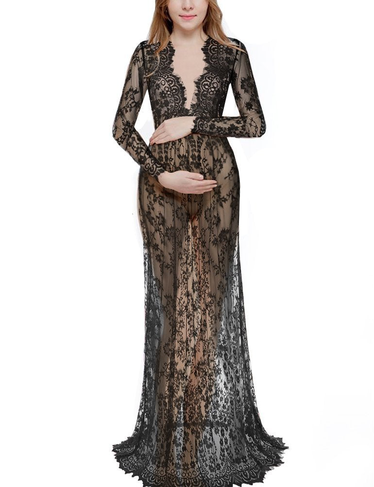 Maternity Photo Shoot Lace Sheer Trailing Maxi Dress