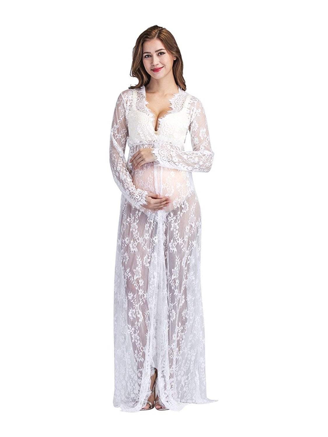 Maternity Photo Shoot Lace Sheer Open Front Maxi Robe