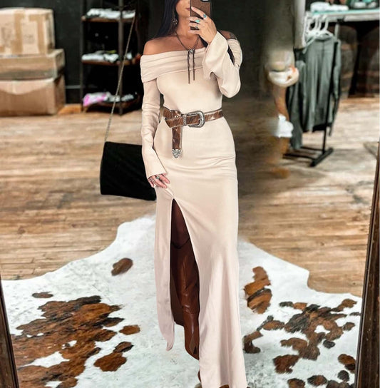 Off-The-Shoulder Sweater Slit Hem -Maxi Dress