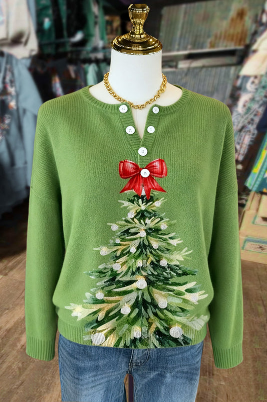Christmas Tree Pattern Button Detailed Long Sleeve Sweater