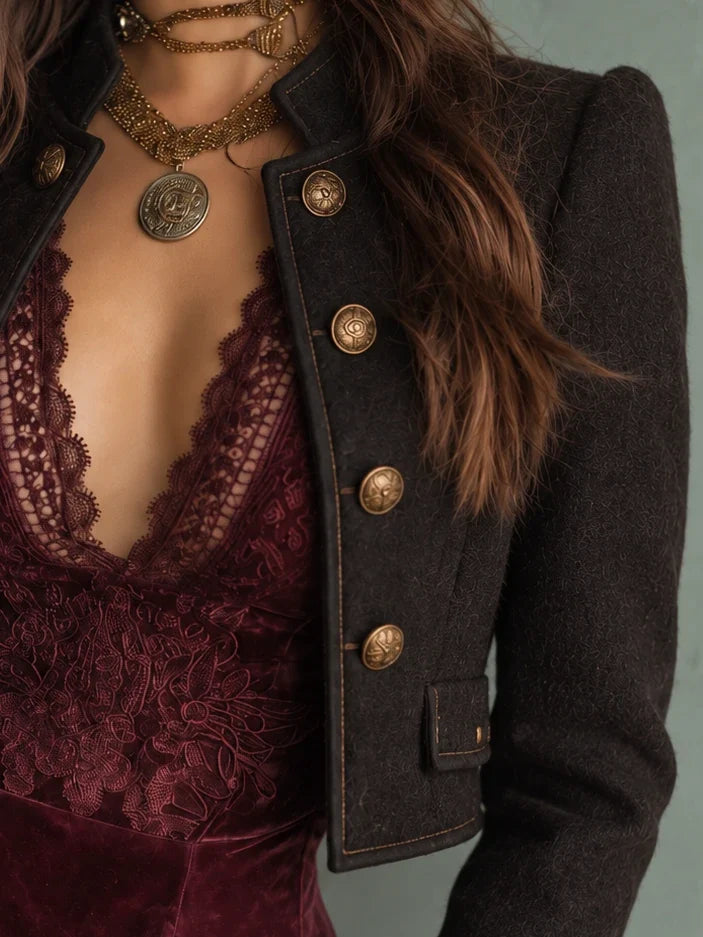 Ornate-Button Cropped Military Jacket