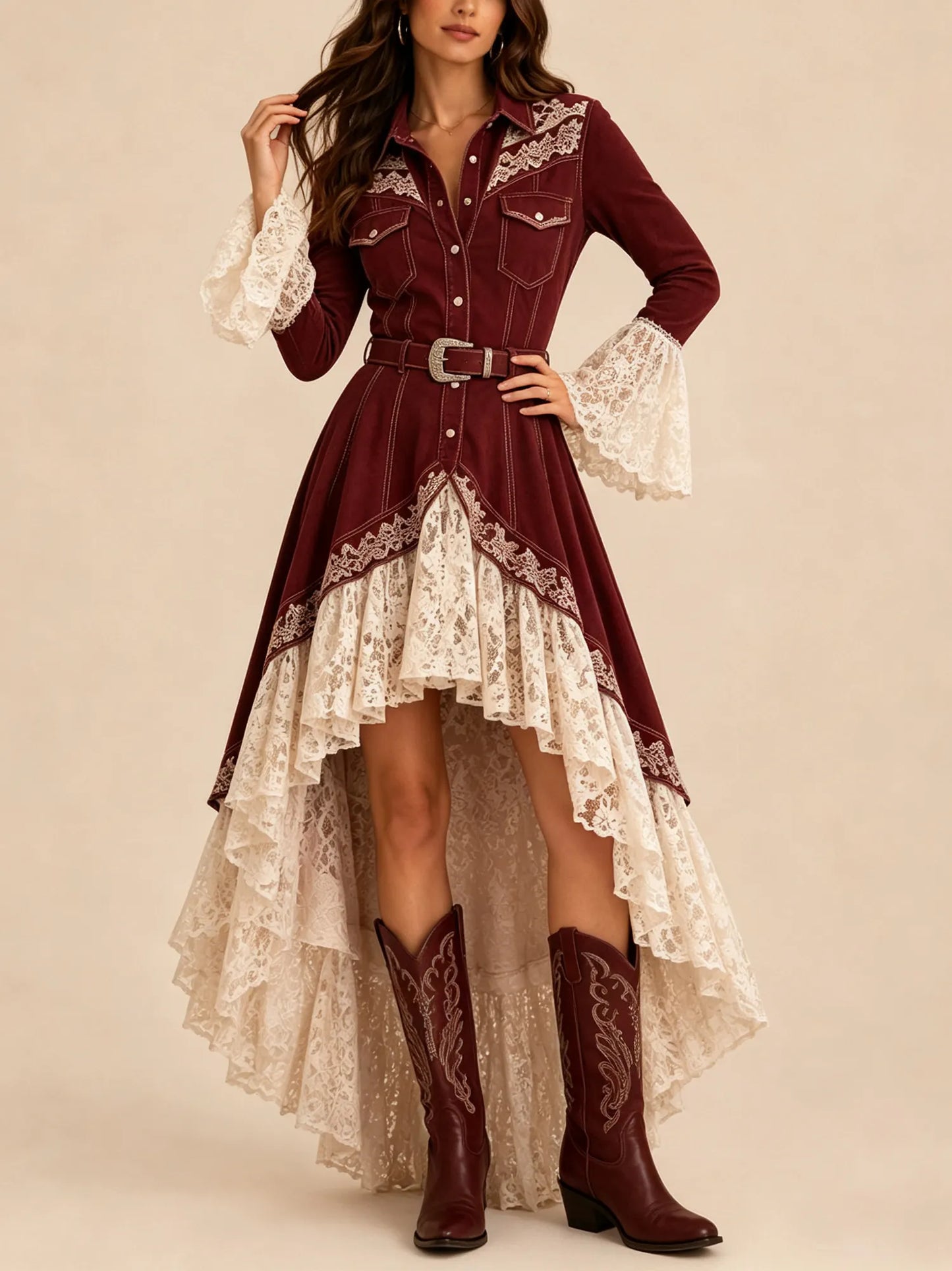 Western Dress — Asymmetrical Layered Ruffled Bell Sleeves Lace Fabric Maxi Dress