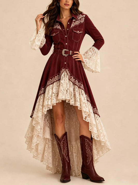Claret Lace Patchwork Collared Button-Down Belted Bell Sleeve High-Low Tiered Ruffle Western Maxi Dress
