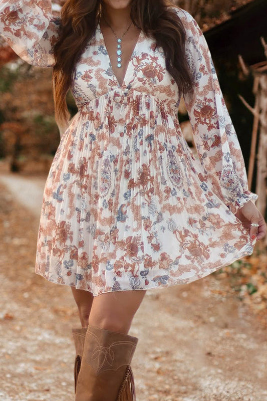 Fashionable Paisley Print Ruffled V-Neck Suspender Dress