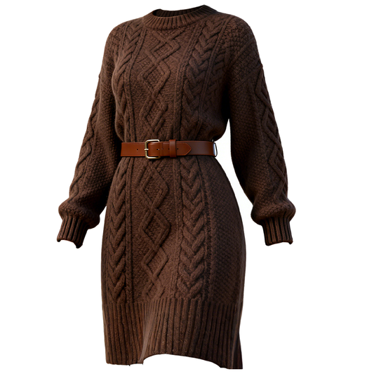 Woen's Brown Cable Knit Sweater Dress Without Belt