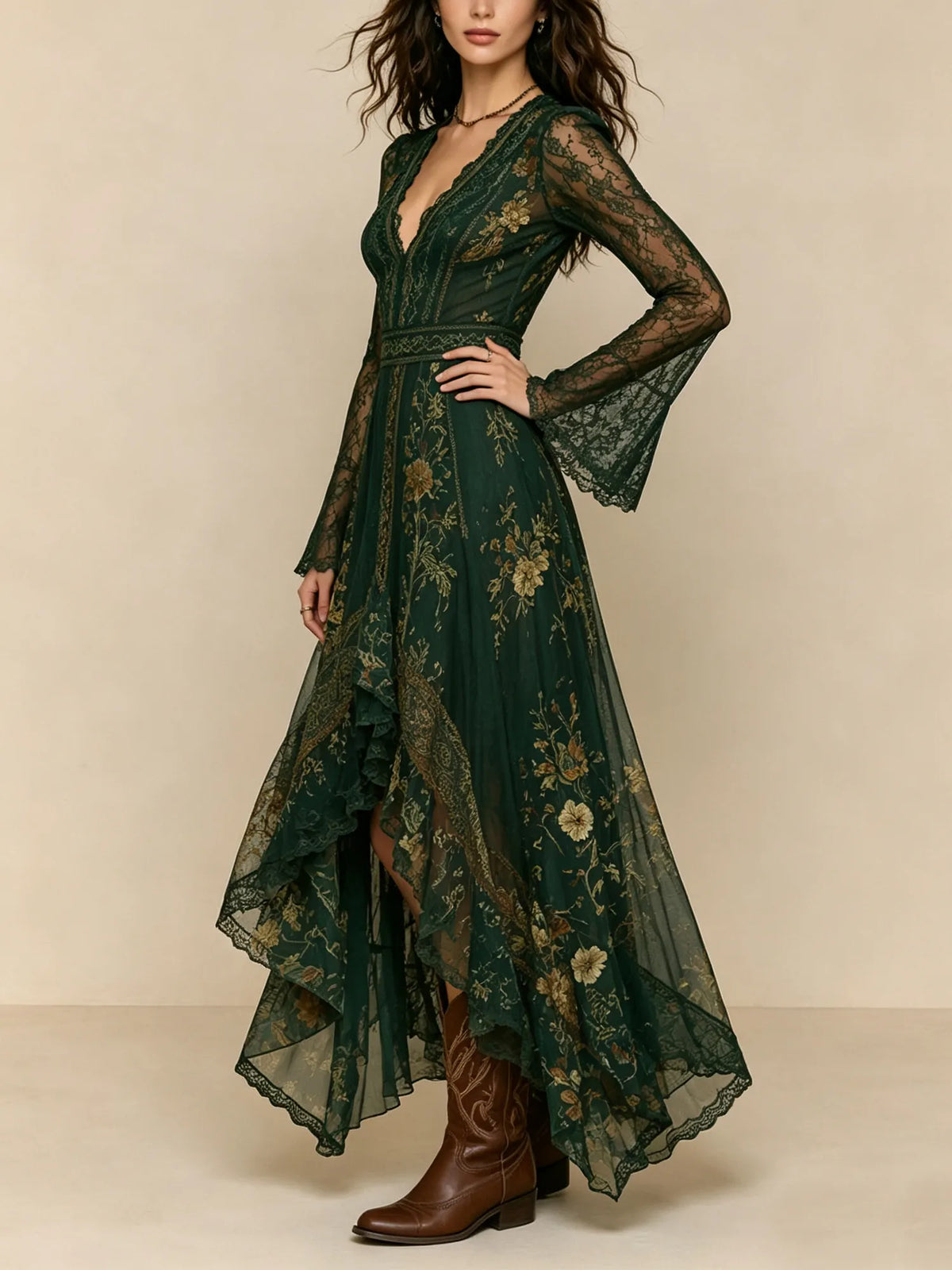 A sophisticated autumn Western Bohemian style choice — 2026 Forest Green Deep V-neck Lace Floral Pattern Maxi Dresses