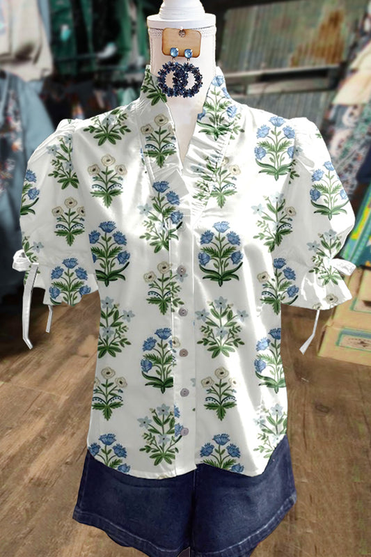 Chic Floral Print Ruffle Neck Tied Puff Sleeve Top