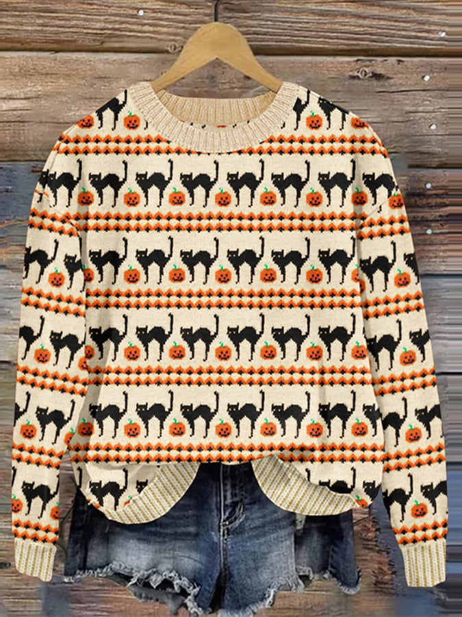 Women's Casual Round Neck Print Knitted Sweater