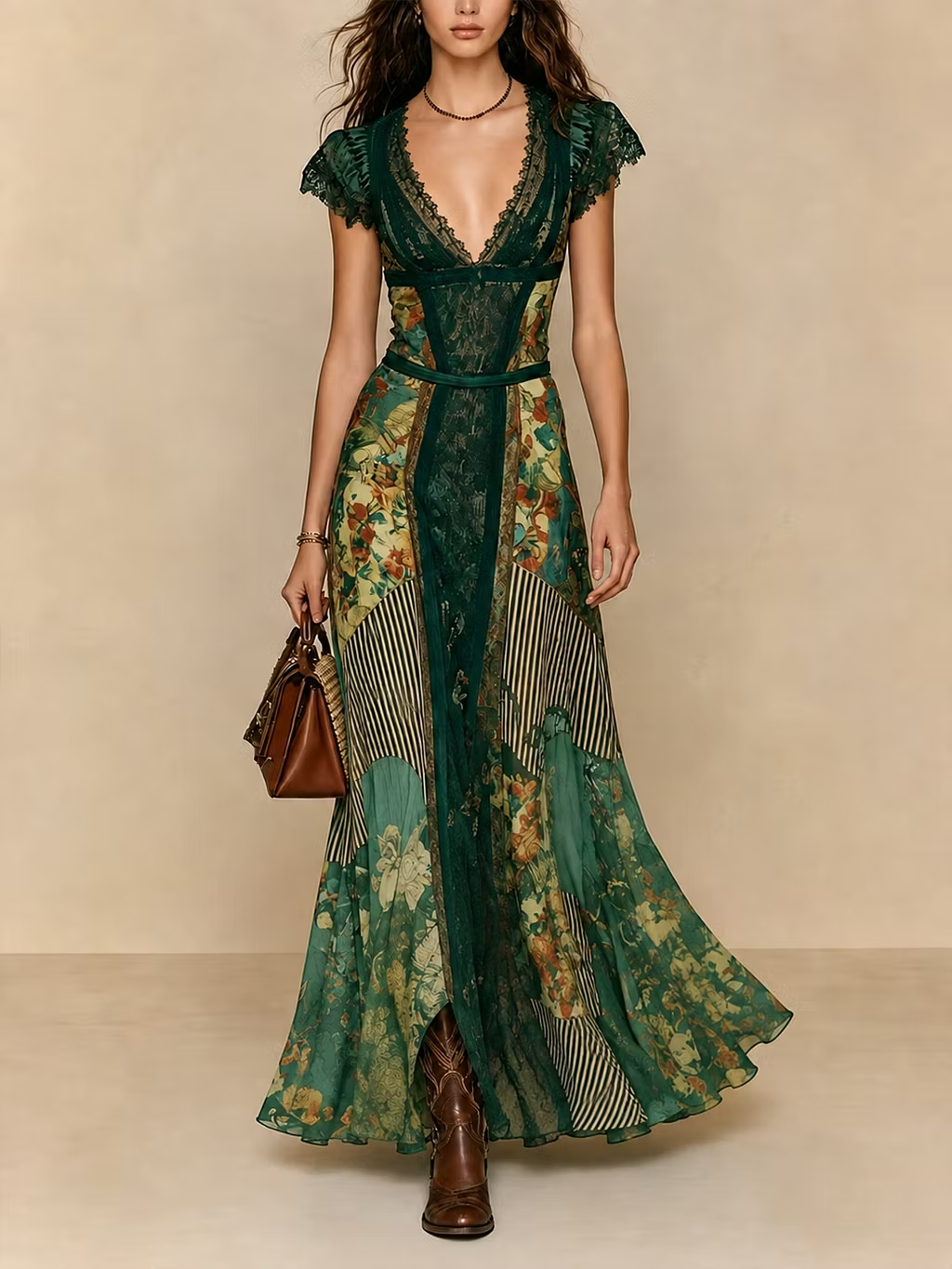 Boho Print Lace Trim Ethnic Print Maxi Dress