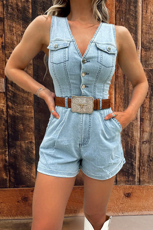 V-Neck Sleeveless Buttoned Denim Romper