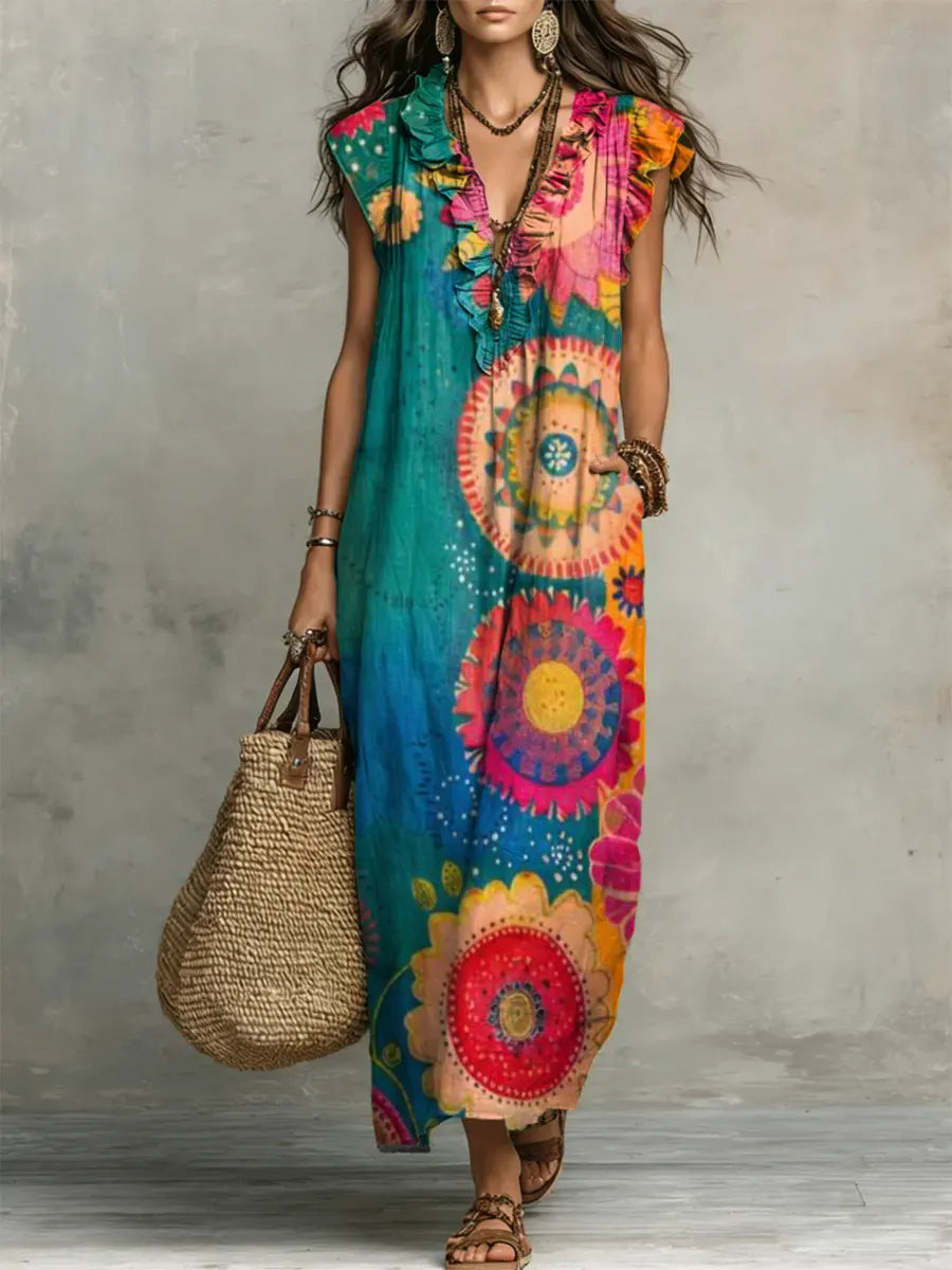 Women's Retro Floral Pattern Art Print Casual Ruffled Stylish Dress