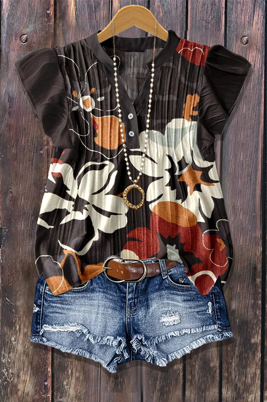 Vintage Floral Print Flutter Sleeve Ribbed Top
