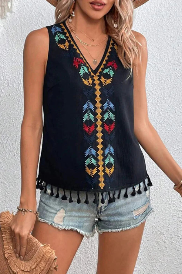 JUST BE YOU BOHO EMBROIDERED TASSEL SLEEVELESS TOP - 4 COLORS