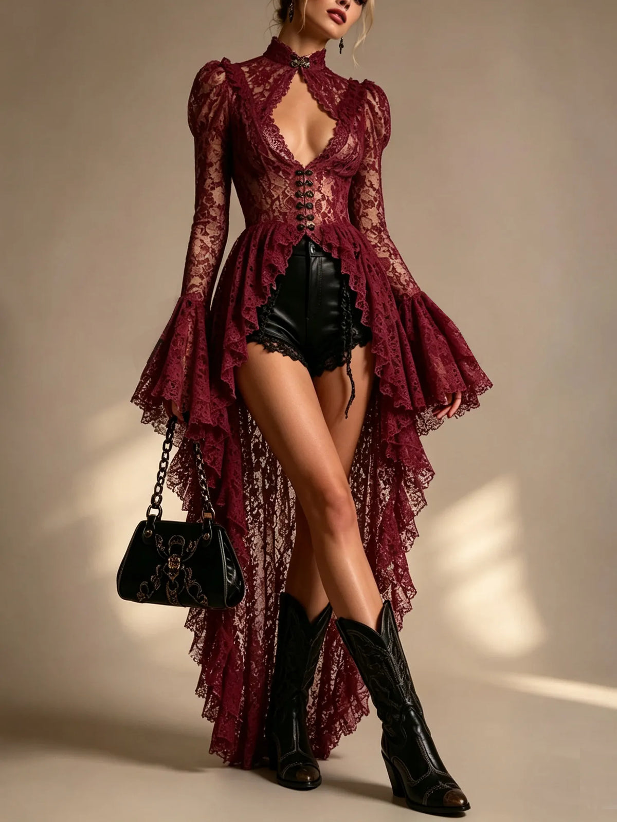 Perfect For A Renaissance Carnival — Maxi Dresses With Flared Sleeves, Openwork Neckline, Floral Lace, And A Shorter Front Than Back.