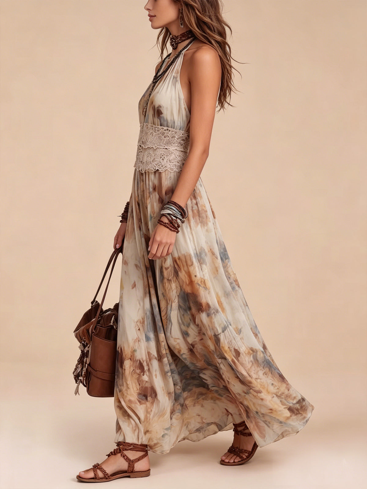 Western Dress — Sunset Bronze Tie-Neck Crocheted Waist Lace Dress Maxi Dress