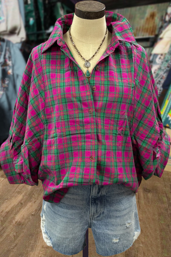 Plaid Collared Button Up Oversized Top