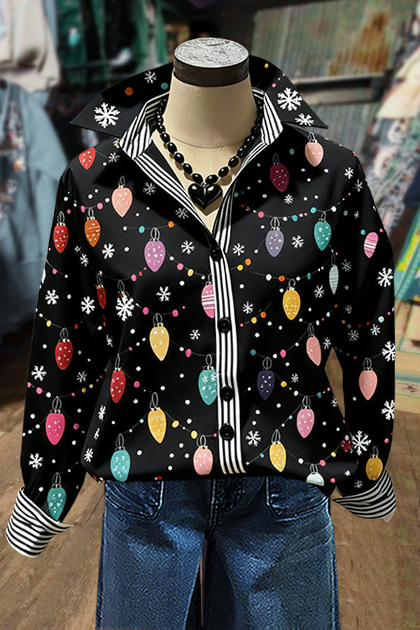 Colorful Christmas Lights Print Long Sleeve Blouse