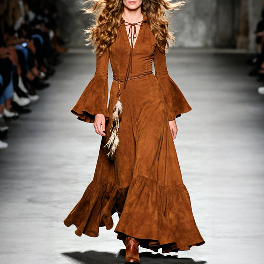 Women's Retro V-neck Lace-up Feather Decorated Trumpet Sleeve Long Dress