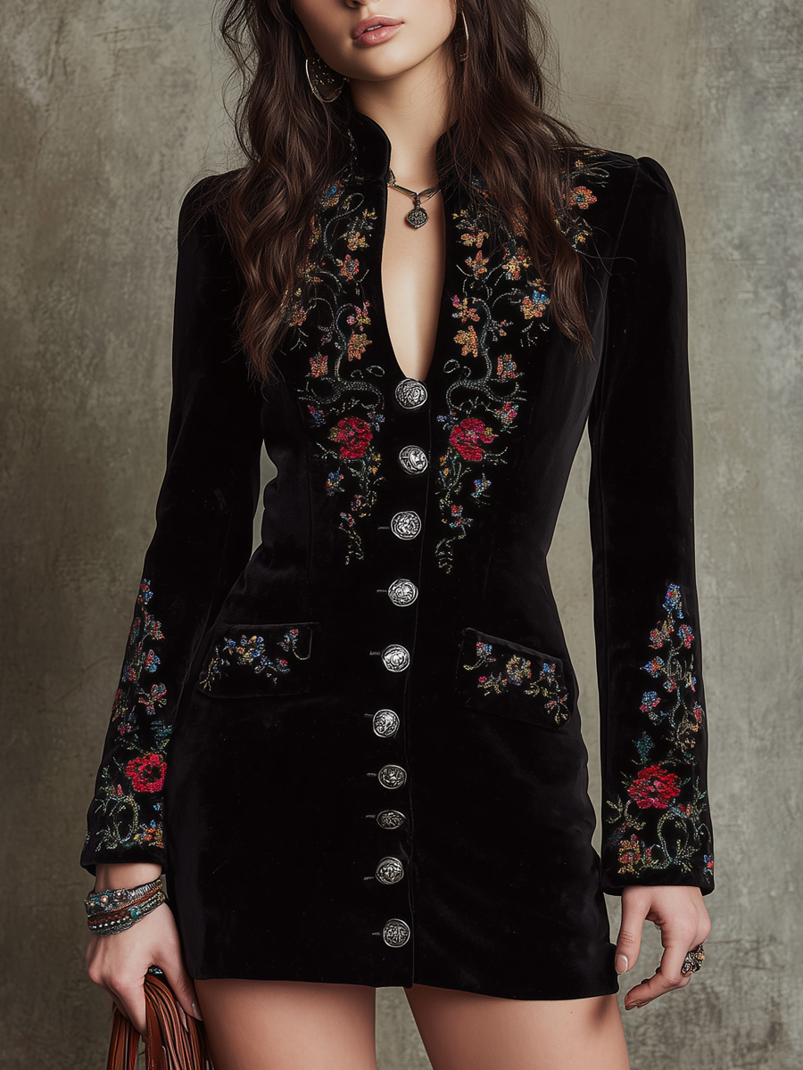 Retro Stand V Neck Embroidered Polyester Velvet Slim Mini Dress