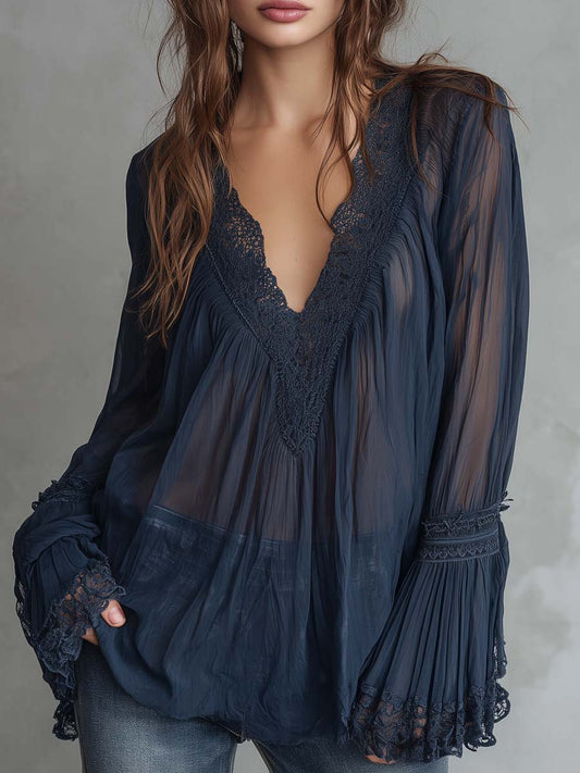 Vintage Lace-trimmed Sheer Blouse