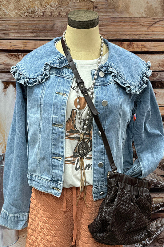 Vintage Western Style Ruffled Baby Collar Denim Jacket