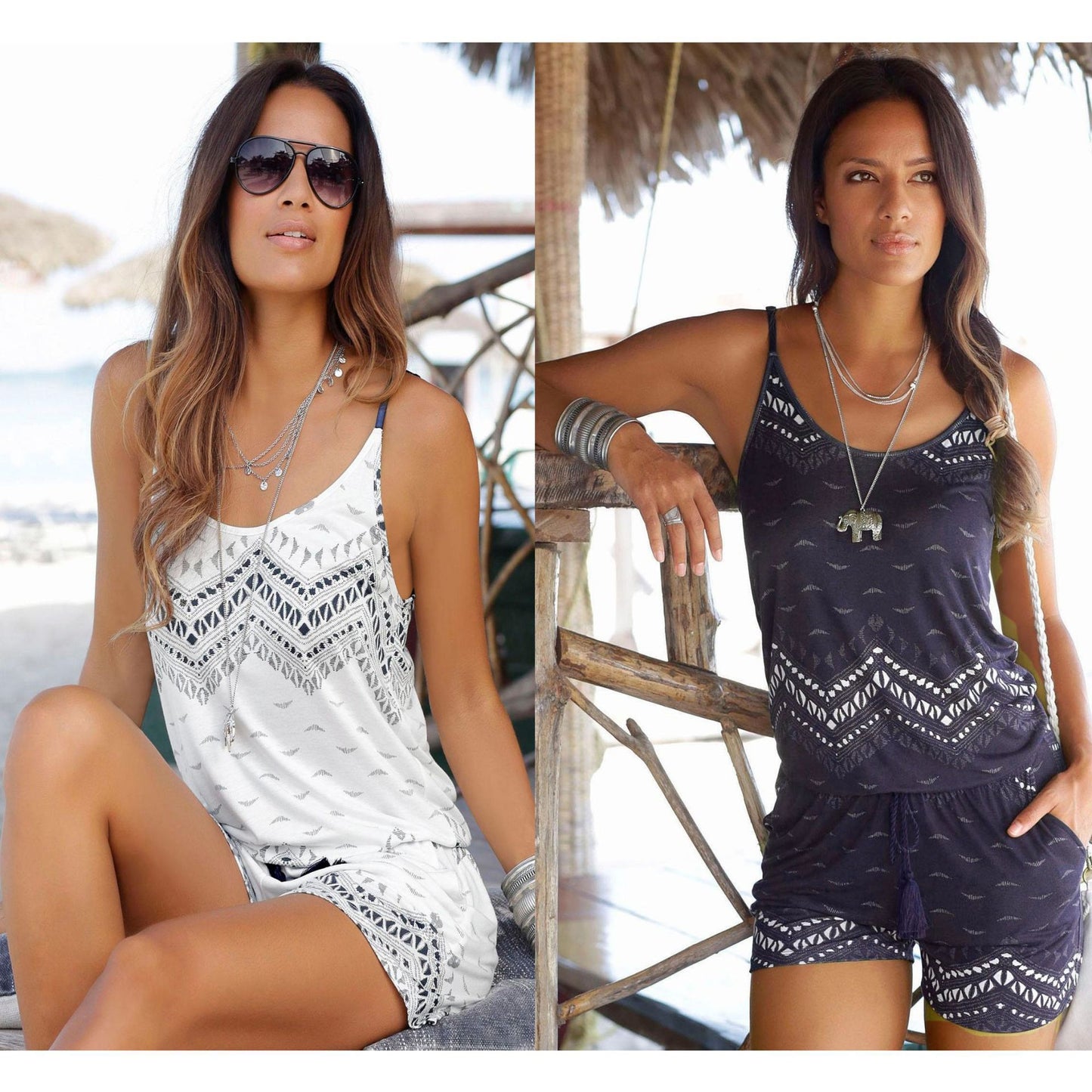 Boho Geometric Print Tassel Drawstring Cami Romper