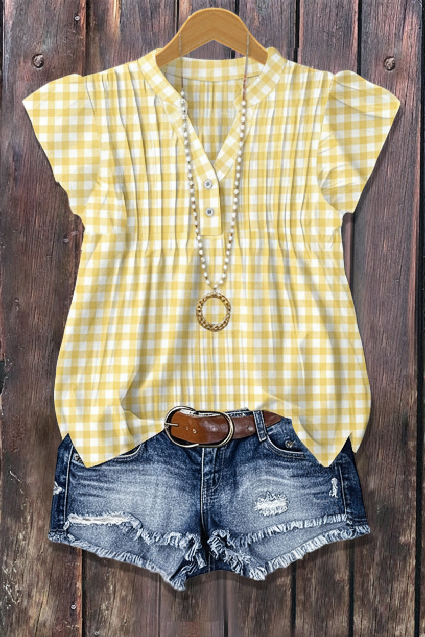 小格纹黄白无袖上衣