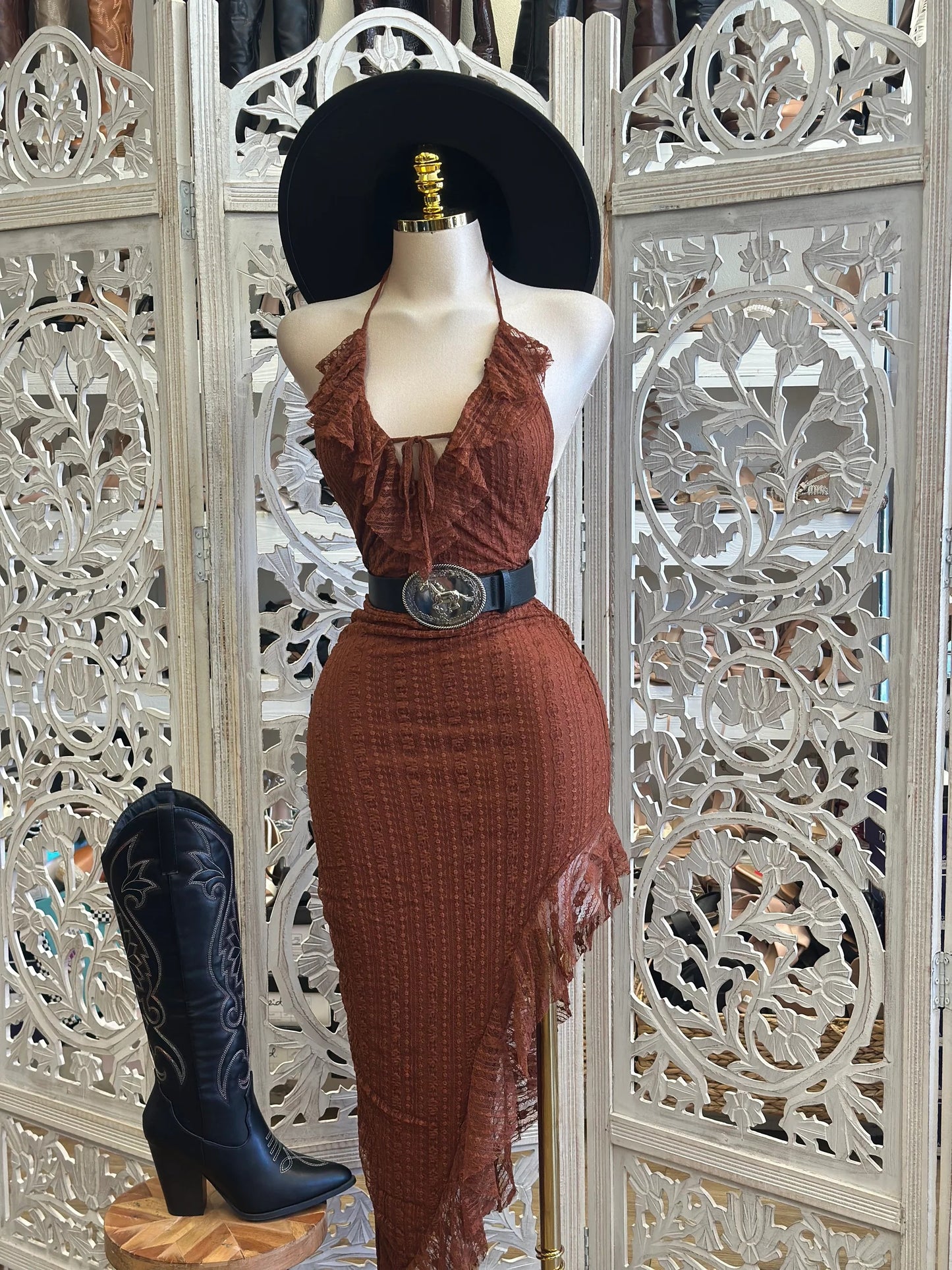 Western Boho Ruffle Halter Dress – Caramel Brown