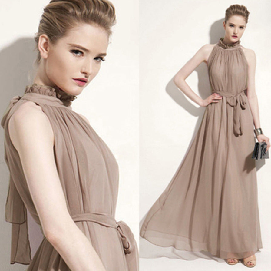 Halter Neck Ruffle Chiffon Maxi Dress | 9 Colors Available Tie Waist Evening Gown