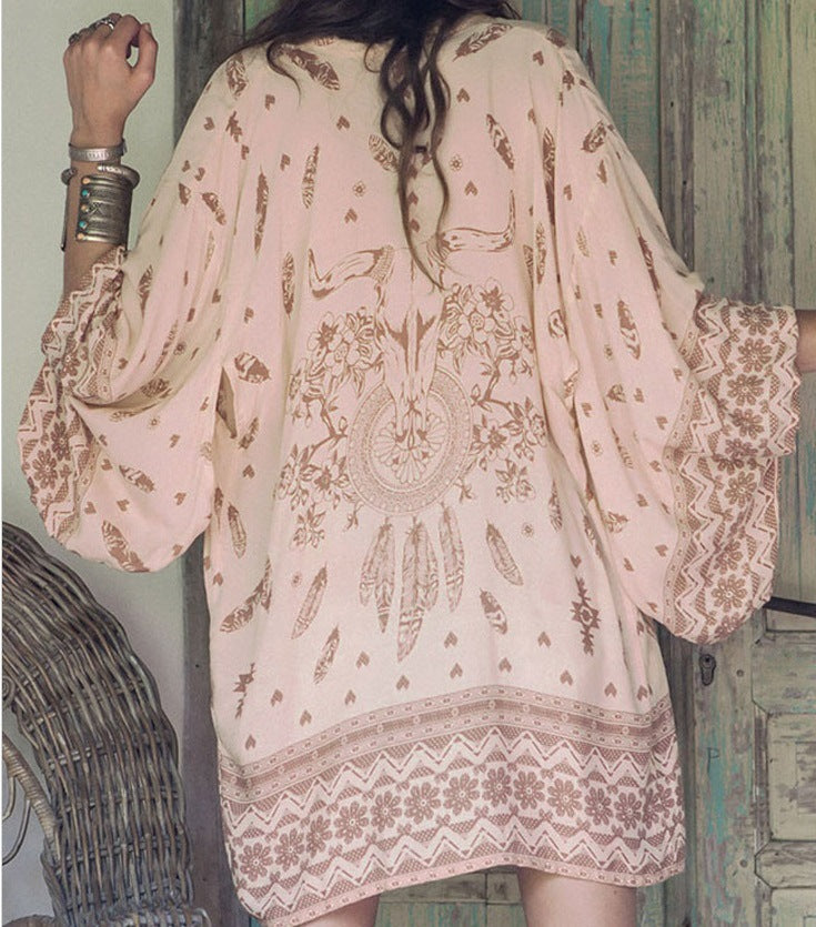 Bohemian Print Loose Open Front Beach Cover Up Kimono