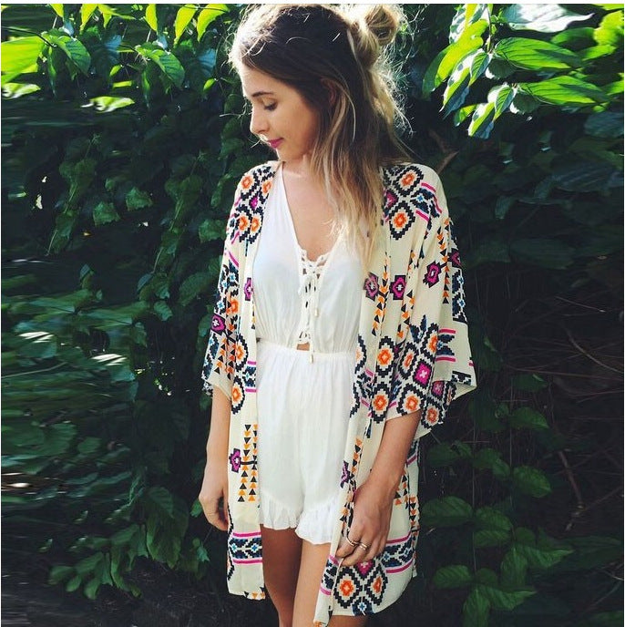 Bohemian Print Loose Open Front Beach Cover Up Kimono