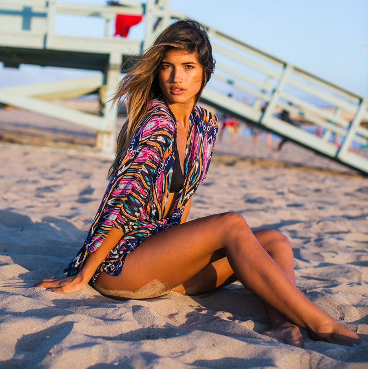 Bohemian Print Loose Open Front Beach Cover Up Kimono