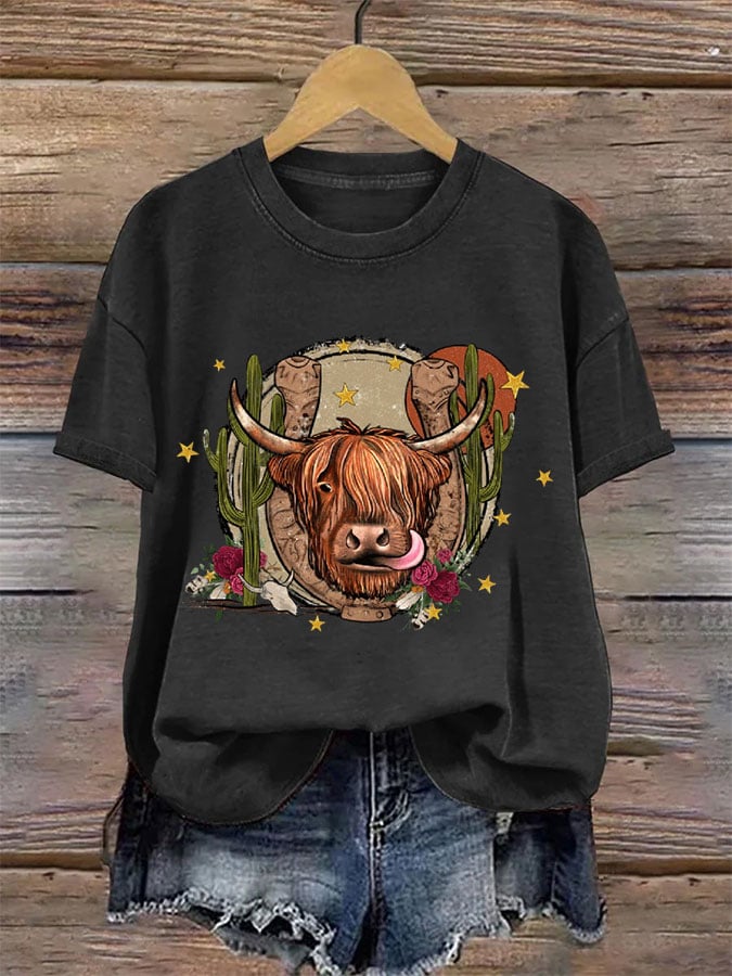 Women's Western Highland Cow Print Casual T-shirt