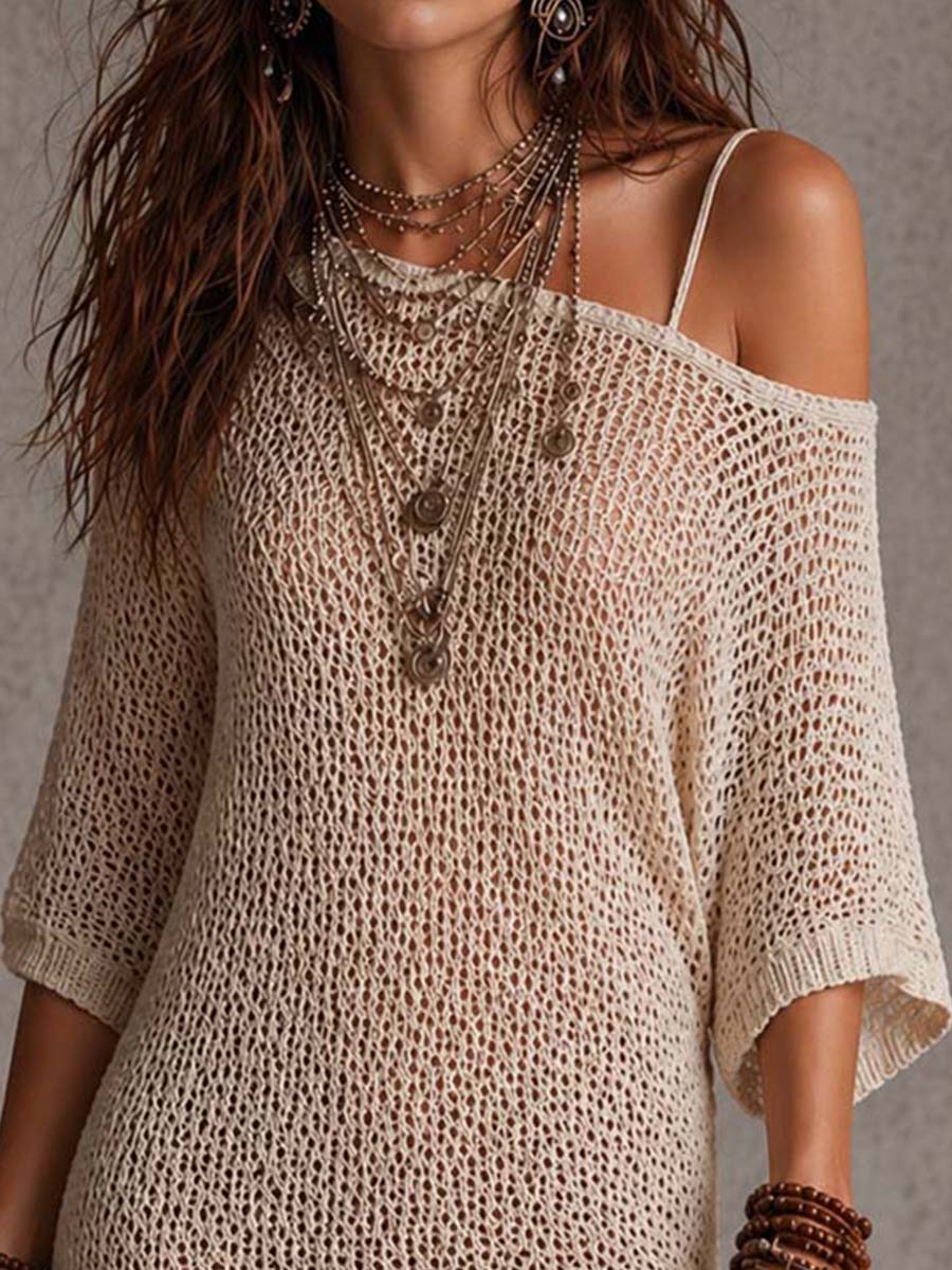 Boho Cream Open-Knit Off-Shoulder Cover-Up Mini Dress