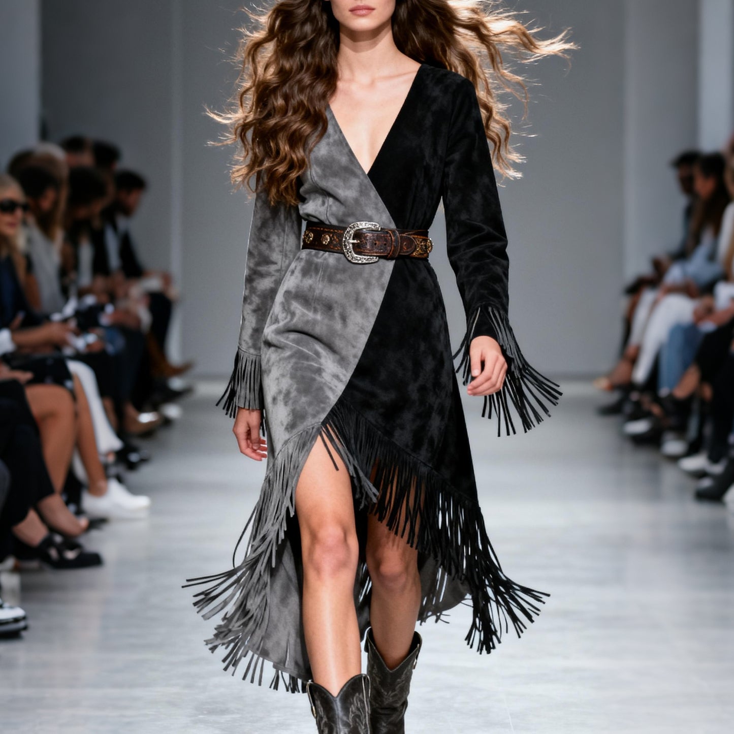 Women's Retro V-neck Contrast Color Stitching Tassel Decorated Dress