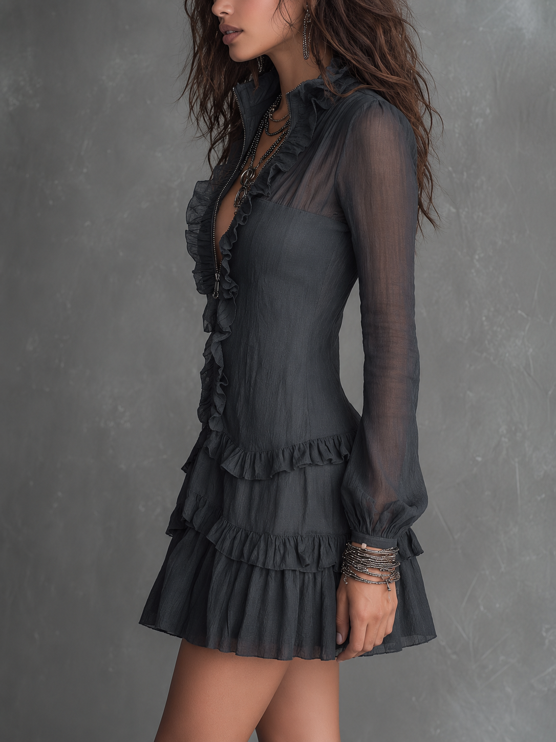 Boho Zip Front Ruffle Trim Sheer Long Sleeve Tiered Mini Dress