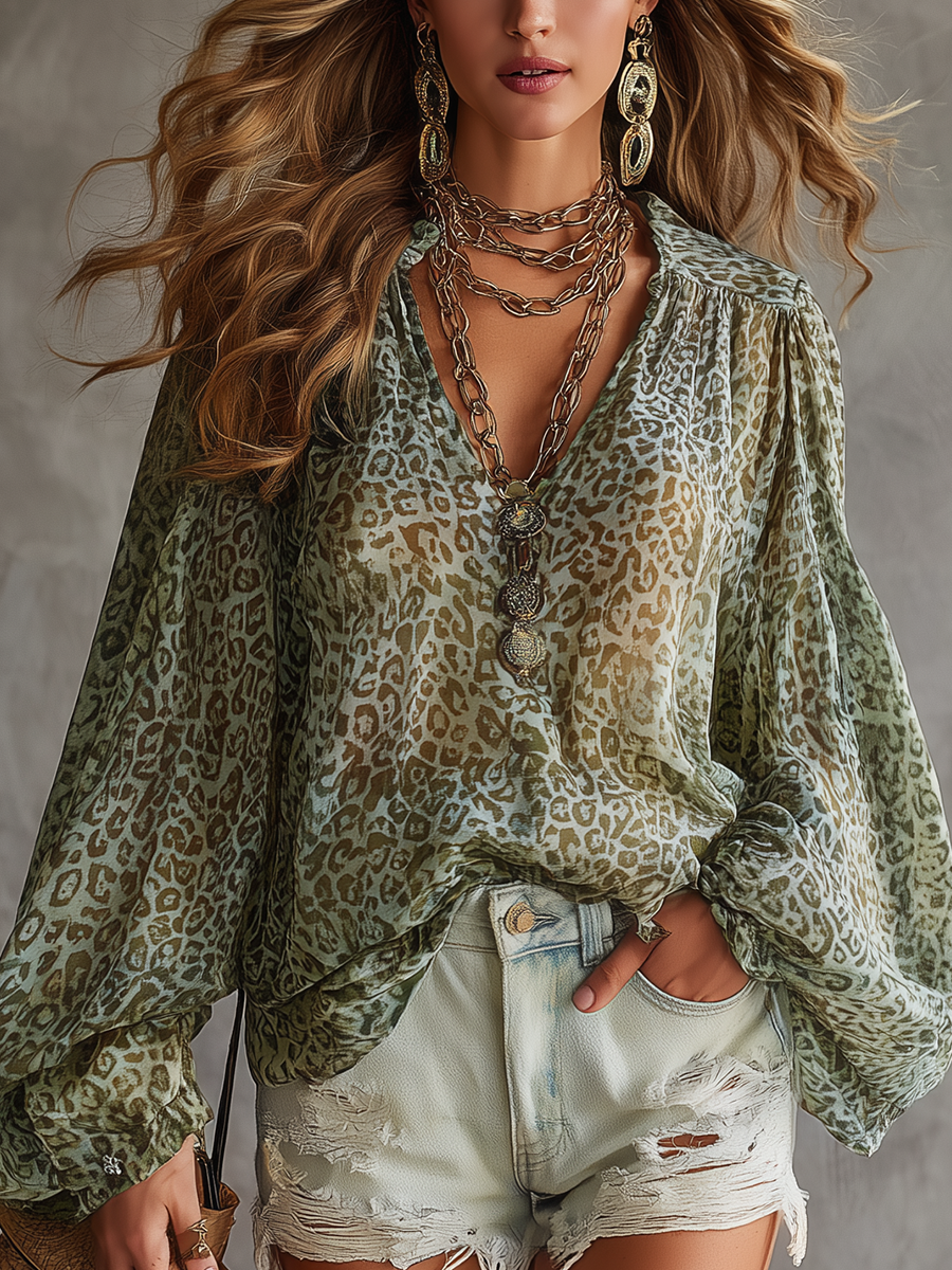 Sweet Bohemian Green Leopard Print Top